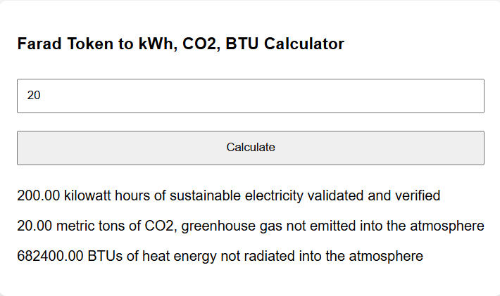 Farad Connect and Positron Magnetics-A copy of the Farad Token to kWh, CO2, BTU Caluculator, which shows the conversion of 20 Farad Tokens.