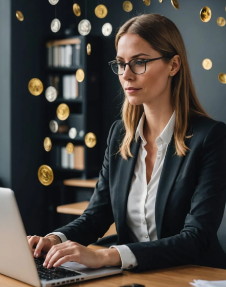 Business woman writing an article on her laptop.
