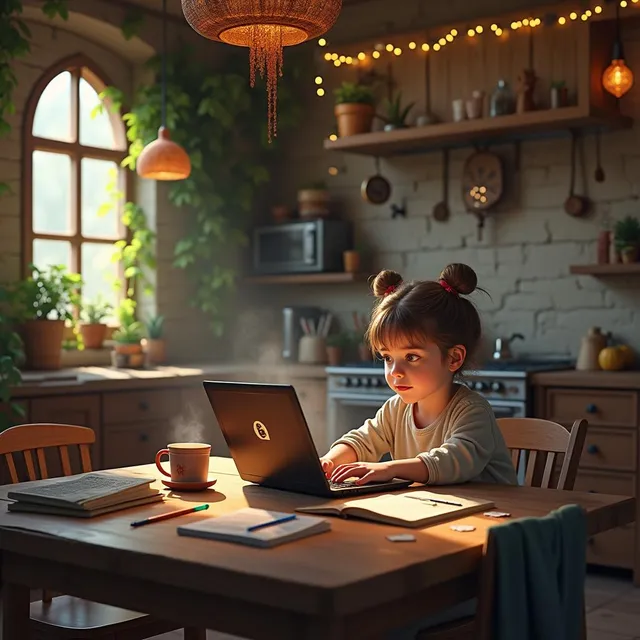 Passion and Play With Night Cafe--one of the first images with a young girl on a computer doing schoolwork.