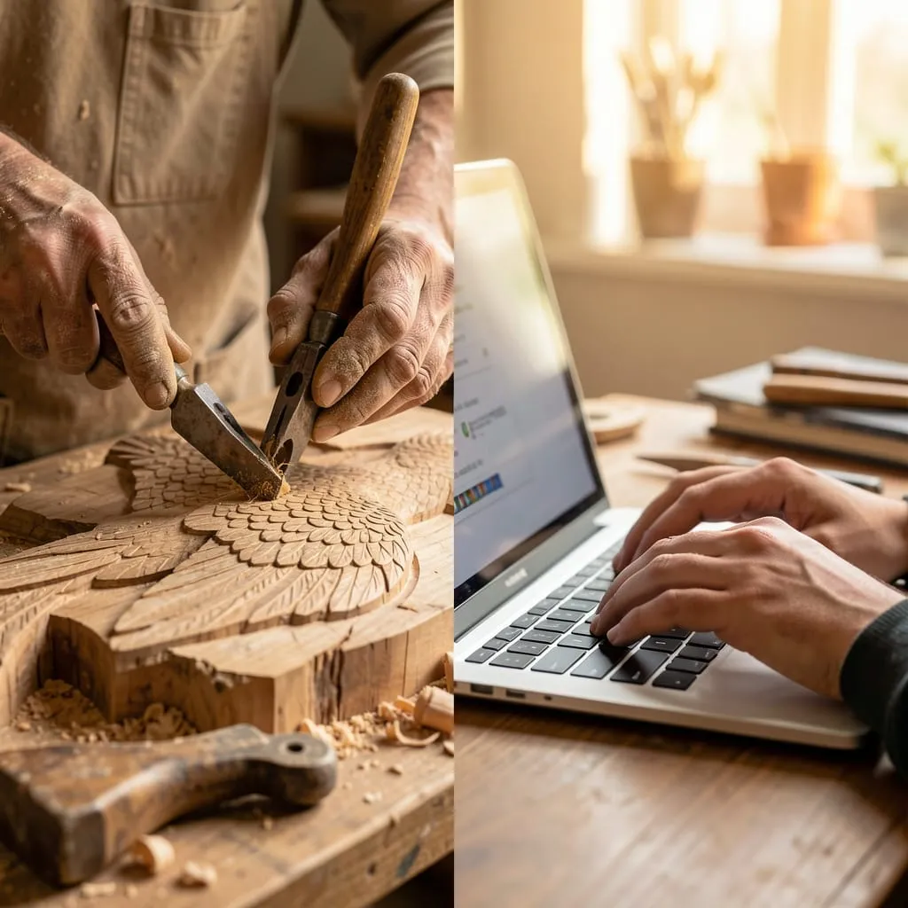 A split screen showing the craftsman in history and the current new career online.