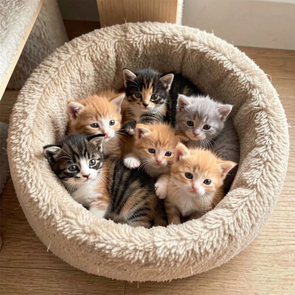 A cat bed with small kittens.