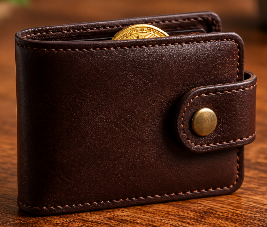 A snap billfold with a Bitcoin inside the billfold representing Coinbase.