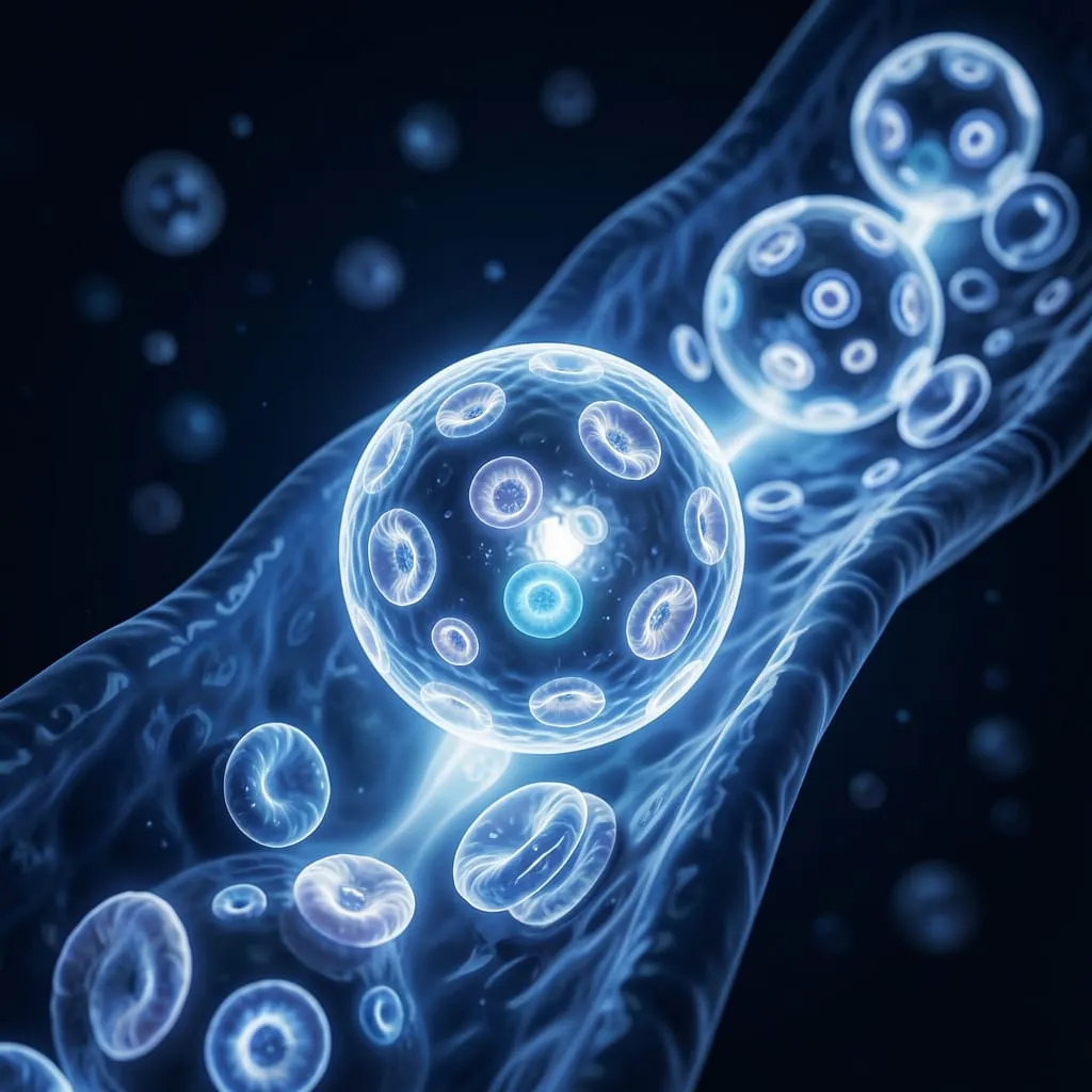 A conceptual illustration of stem cells circulating in the bloodstream.