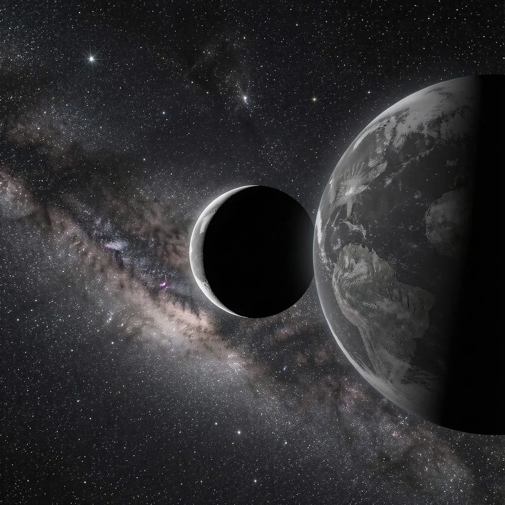 June 2026 for Stars and Planets-the Milky Way, the black moon and Earth at night time on June 15th, 2026, left to right.