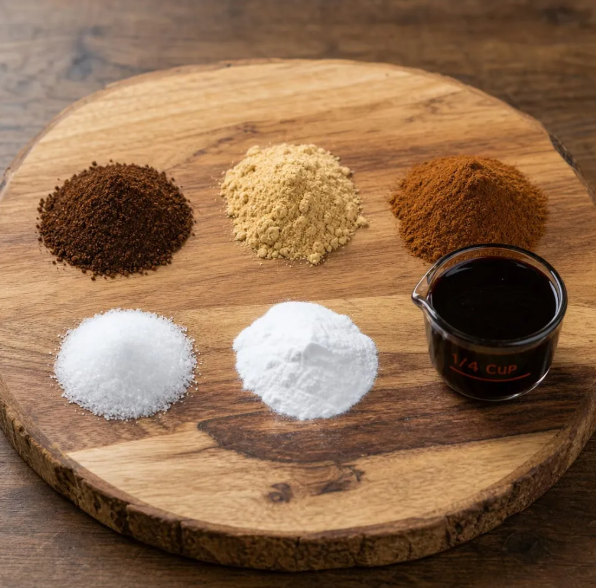 Top row, left to right, is cloves, ginger, cinnamon. Bottom row, left to right, is salt, baking soda, molasses.
