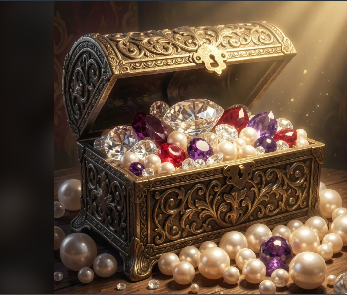 A treasure chest with diamonds, rubies, amythysts and pearls