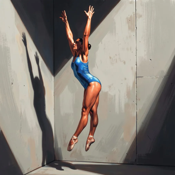 Image of a gymnist jumping in the air before hitting the wall.